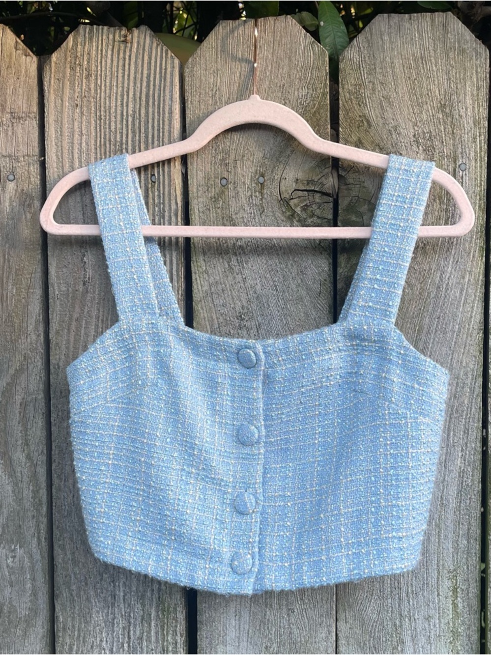 JASON WU Tweed Cropped Top Light Blue Button Front Tank Square Neck Preppy | 2 - Picture 3 of 10